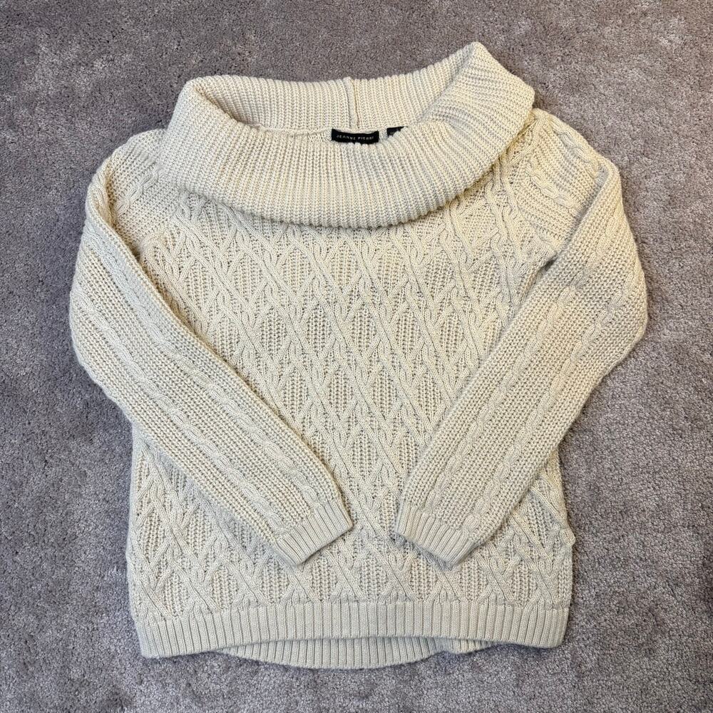 Jeanne Pierre Size S Ivory Cable Knit Cowl Neck Sweater Chunky Cotton Rollneck